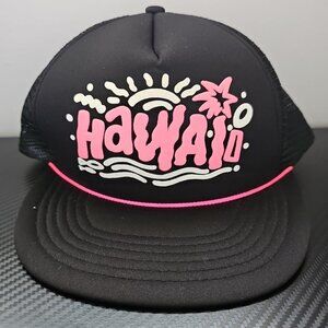 Vintage Hawaii Puff Print Black/Pink/White Trucker Style Rope Front Hat